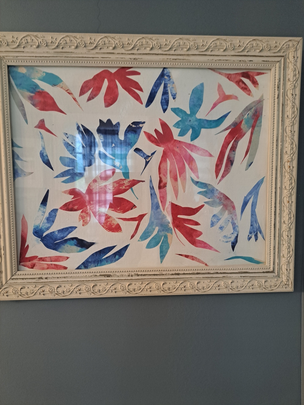 14x16 original Vibrant abstract collage art  in Blue and Red